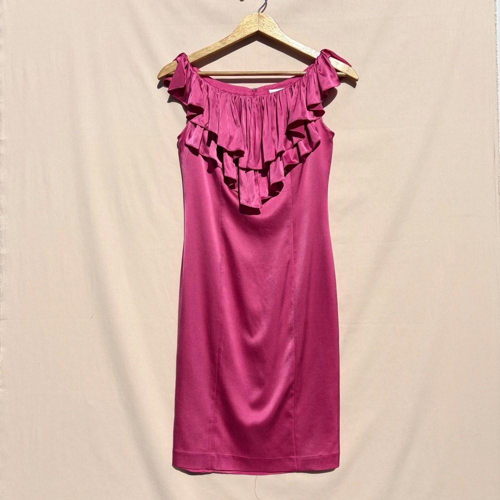Marc Bouwer‎ Glamit Fuchsia Pink Silk Ruffle Neck Sheath Dress Size 2